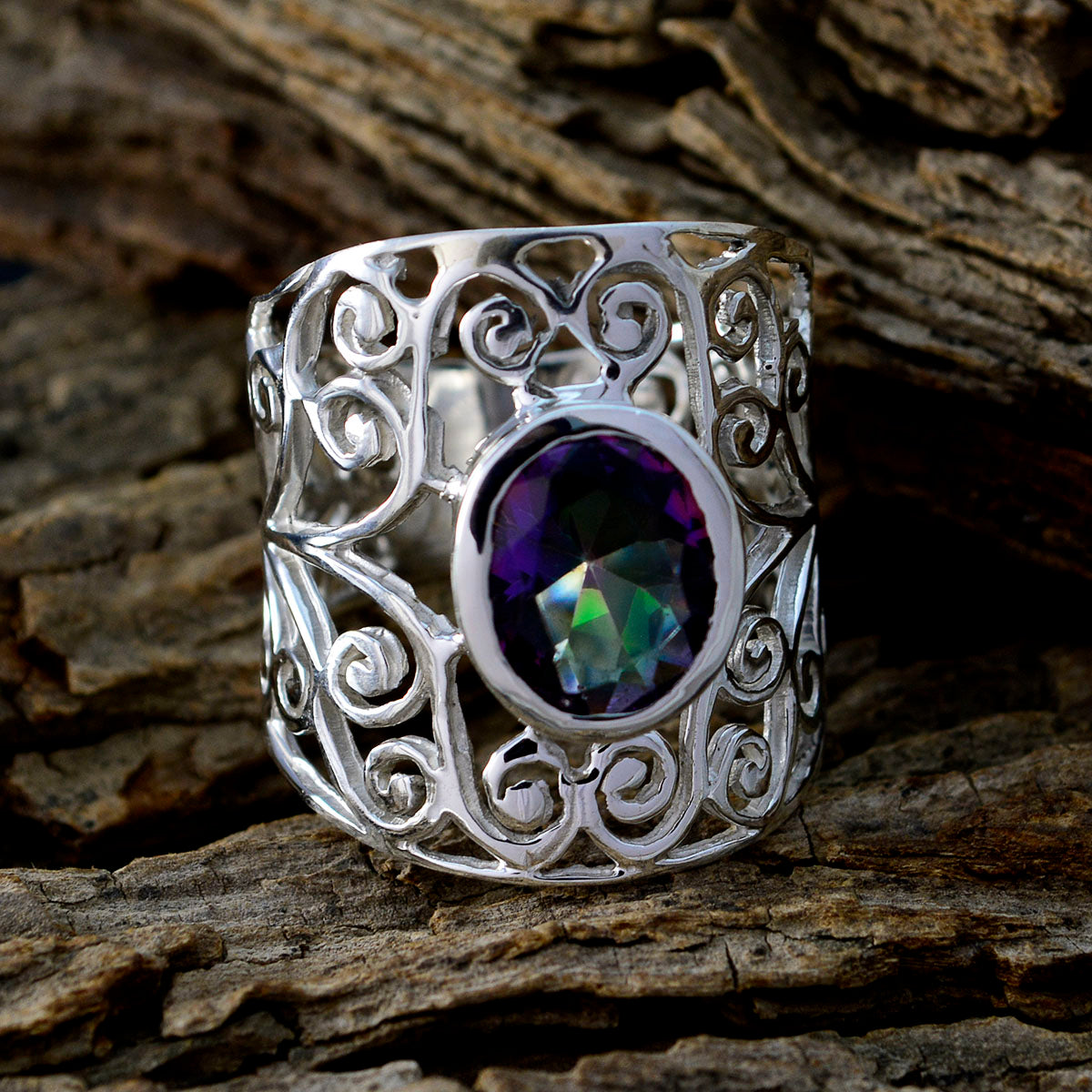 Mystic Quartz Solitaire Middle Eastern 925 Silver multicolor Gems Eye catching Filigree Ring Jewelry