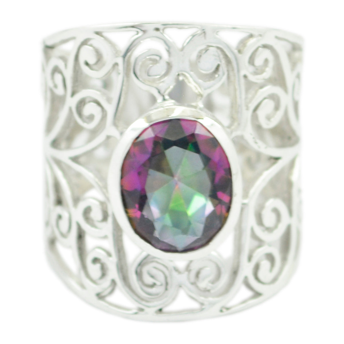 Mystic Quartz Solitaire Middle Eastern 925 Silver multicolor Gems Eye catching Filigree Ring Jewelry