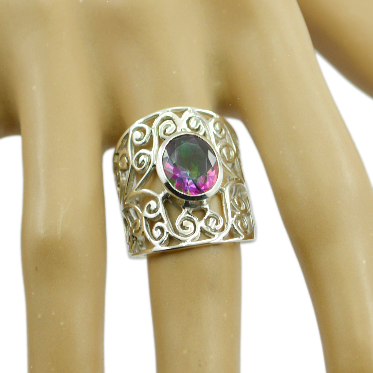 Mystic Quartz Solitaire Middle Eastern 925 Silver multicolor Gems Eye catching Filigree Ring Jewelry