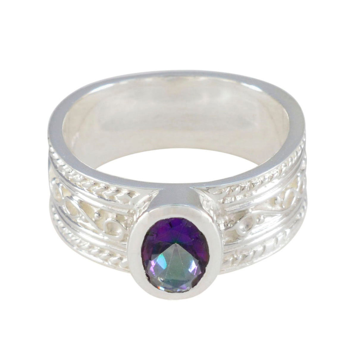 Mystic Quartz Solitaire Russian Sterling Silver multicolor Gemstone Eye catching Twist Band Jewellery