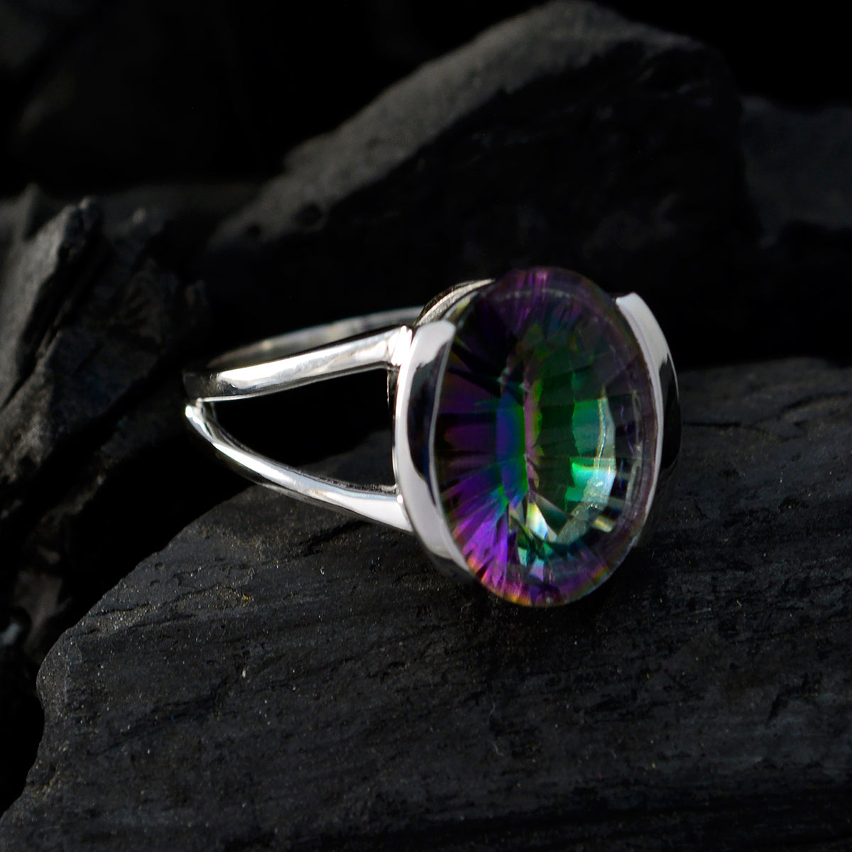 Mystic Quartz Solitaire Moroccan Sterling Silver multicolor Gemstones Mid weight Romantic Ring Jewelry