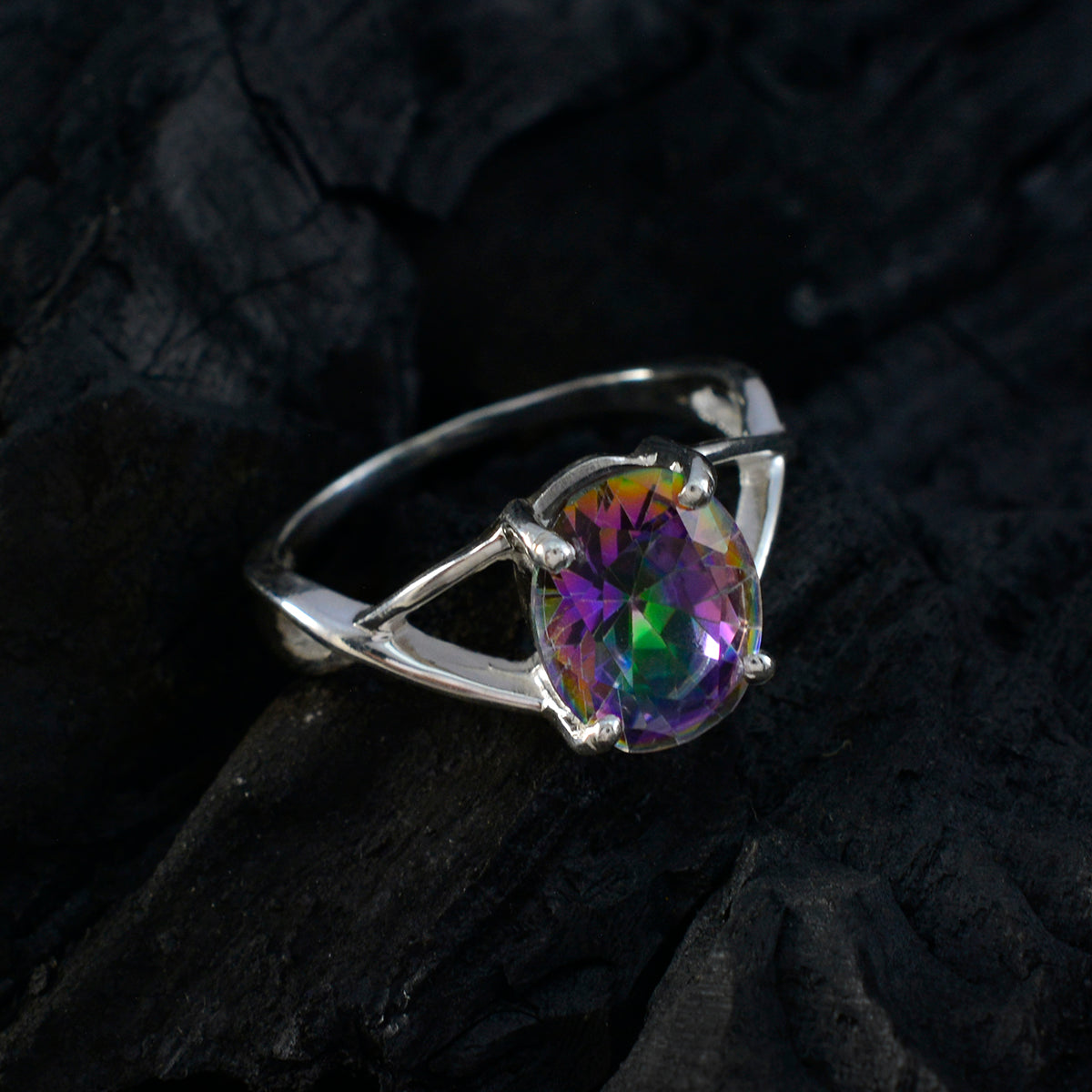 Mystic Quartz Solitaire Turkish 925 Sterling Silver multicolor Gemstone Dainty Trendy Ring Jewellery