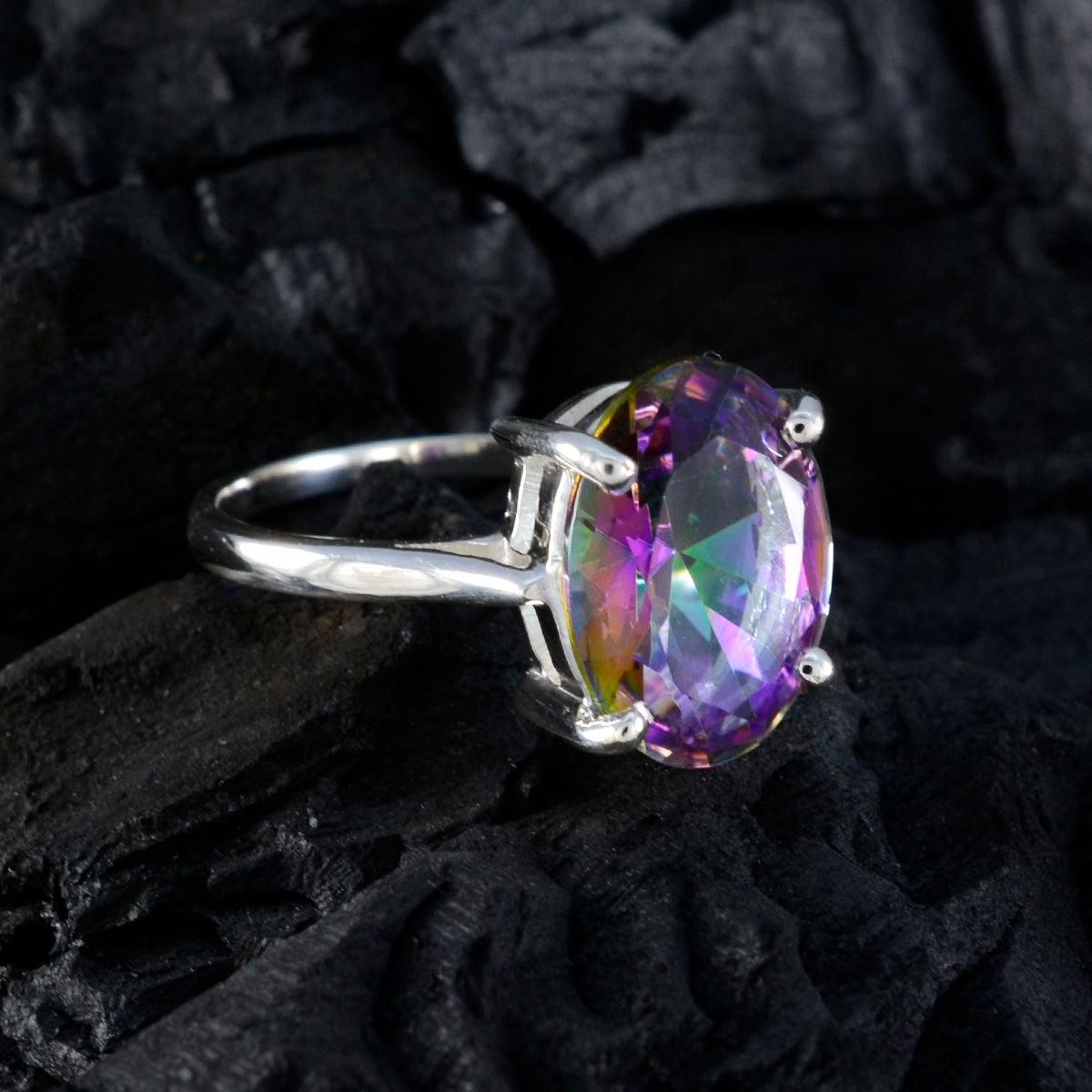 Mystic Quartz Solitaire African Silver multicolor Gemstone Featherlight Traditional Ring Jewellery