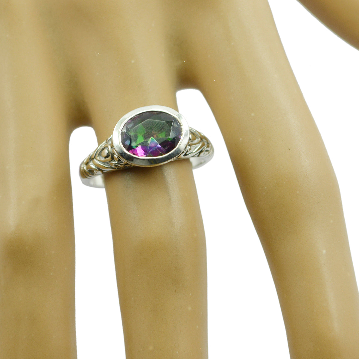Mystic Quartz Solitaire Egyptisk Silver Multicolor Gems Minimal Art Deco Ring Smycken Sekundär produktbild