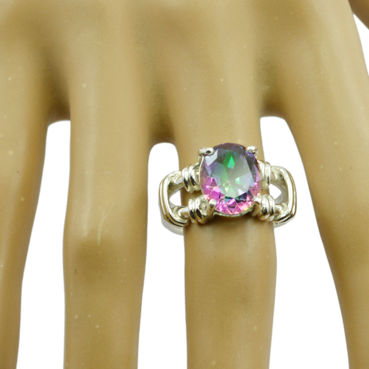 Bague solitaire en quartz mystique en argent sterling multicolore du Moyen-Orient, bijou accrocheur en corde et fil Image secondaire du produit