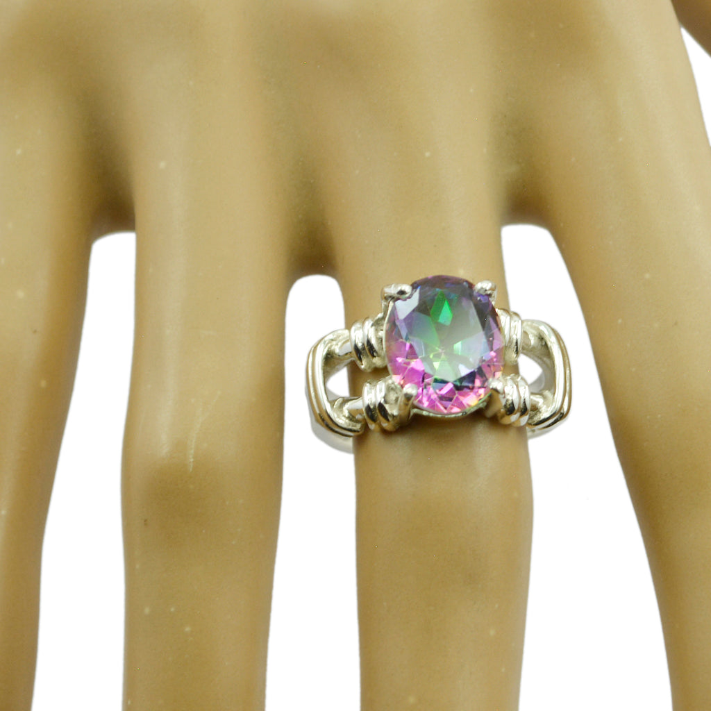 Mystic Quartz Solitaire Middle Eastern Sterling Silver multicolor Gems Eye catching Rope Wire Ring Jewellery