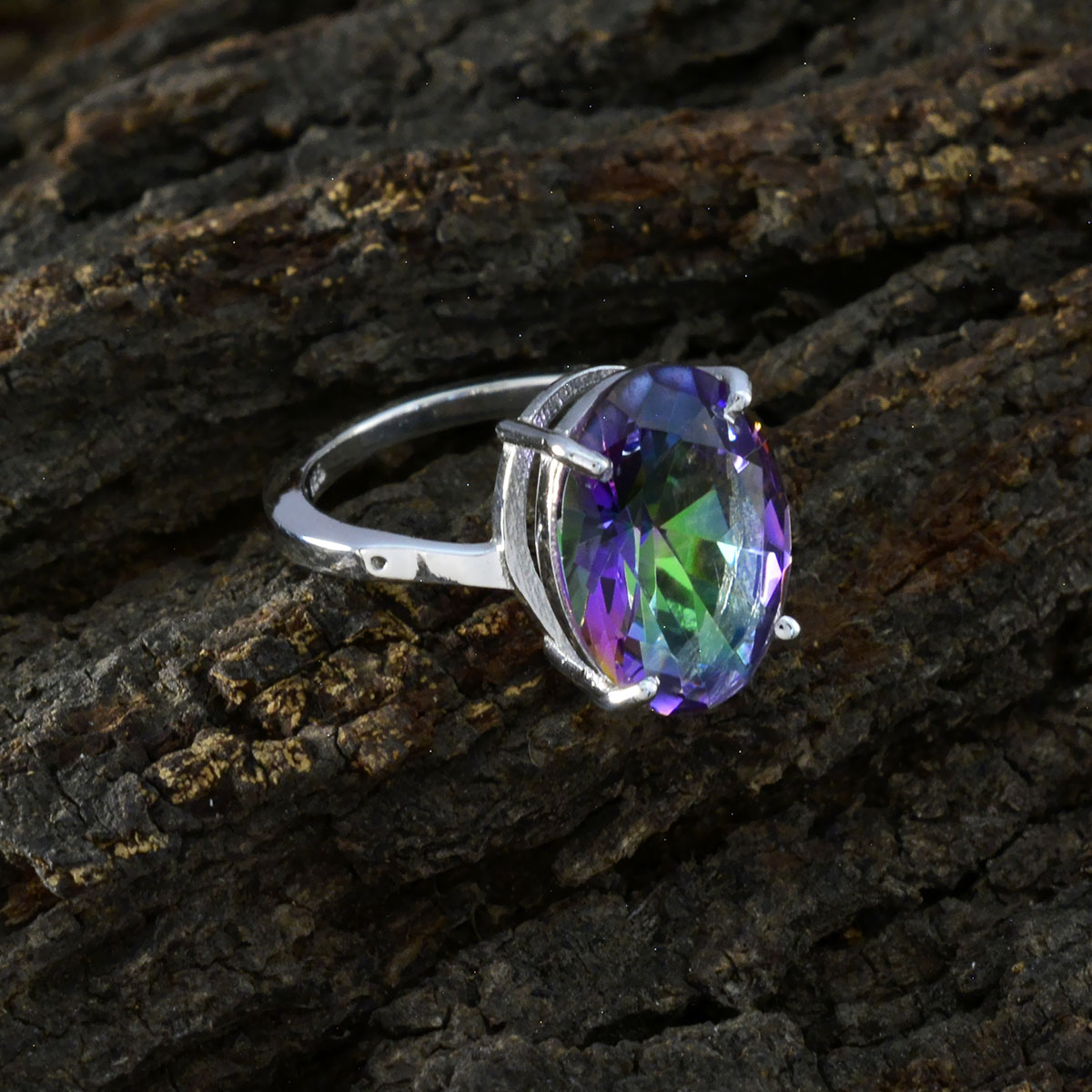 Mystic Quartz Solitaire Korean Sterling Silver multicolor Gems Whisper thin Contemporary Ring Jewelry