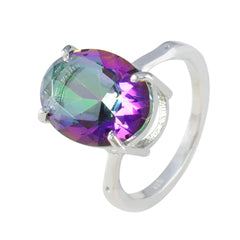Mystic Quartz Solitaire Korean Sterling Silver multicolor Gems Whisper thin Contemporary Ring Jewelry