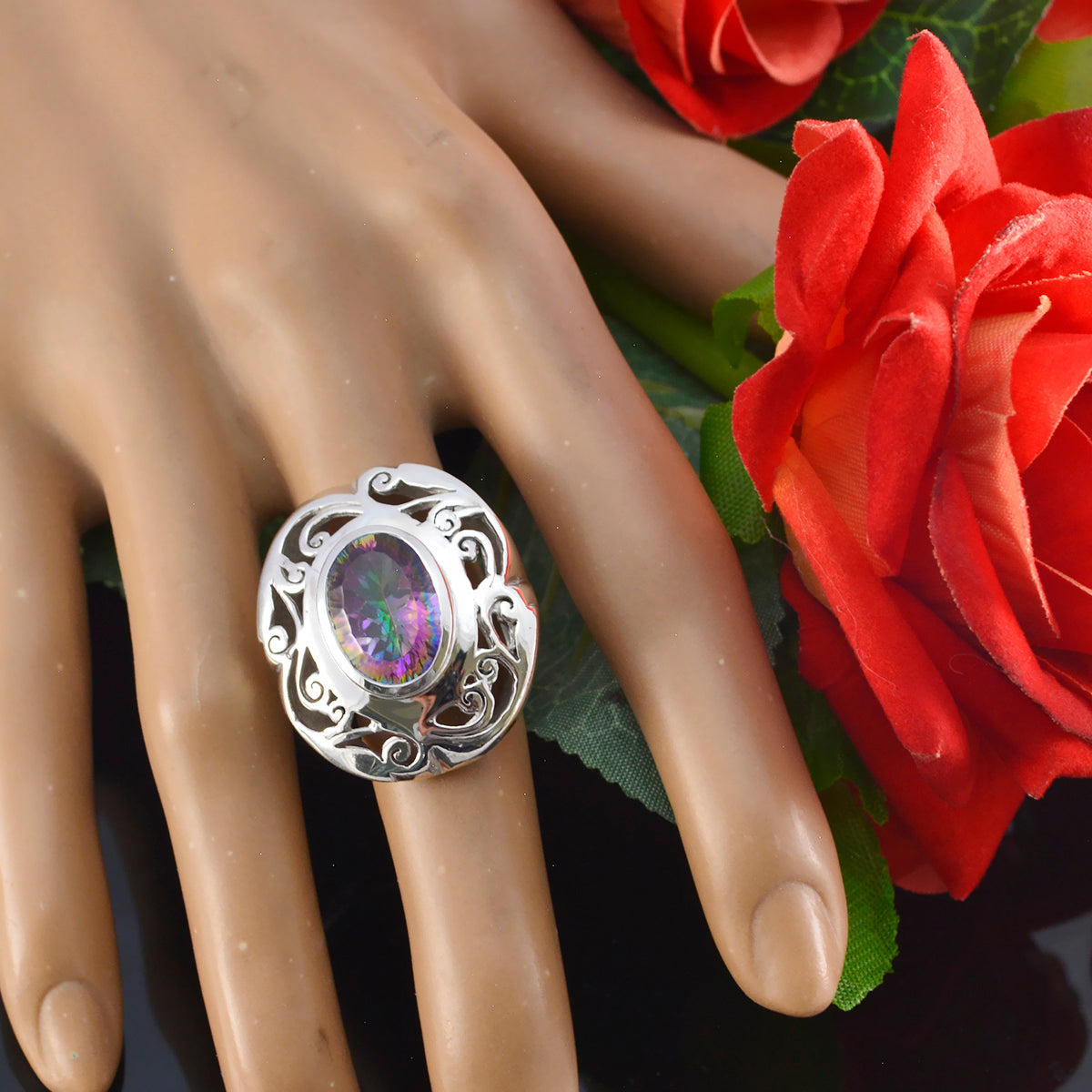 Mystic Quartz Solitaire Italian Silver multicolor Gems Chunky Filigree Ring Jewellery