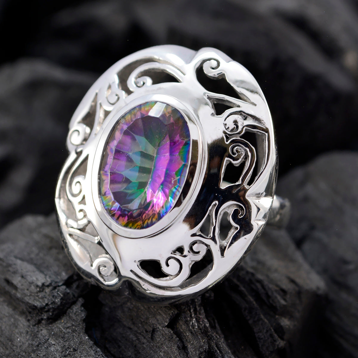Mystic Quartz Solitaire Italian Silver multicolor Gems Chunky Filigree Ring Jewellery