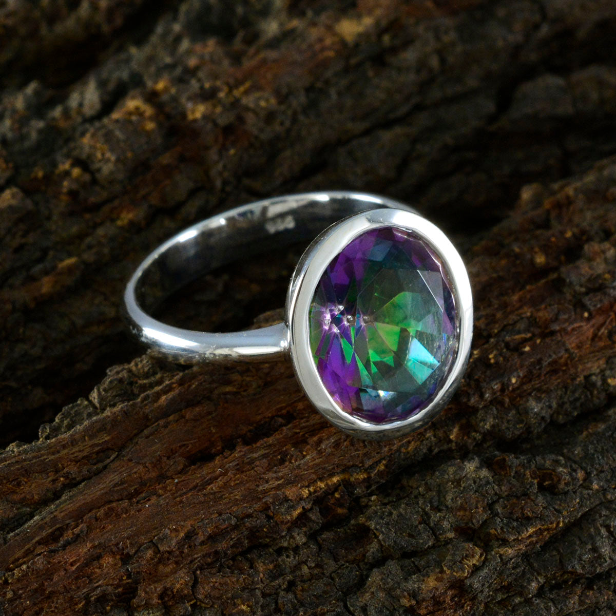 Mystic Quartz Solitaire Indian 925 Silver multicolor Gems Minimal Ethnic Ring Jewelry