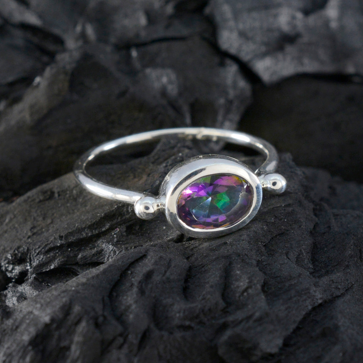 Mystic Quartz Solitaire American Silver multicolor Gems Dainty Trendy Ring Jewelry