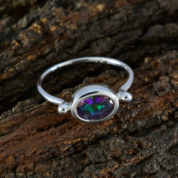 Mystic Quartz Solitaire American Silver multicolor Gems Dainty Trendy Ring Jewelry