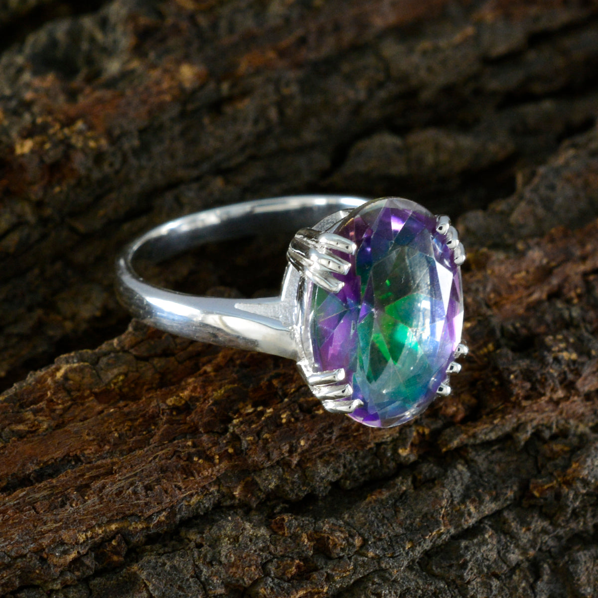 Mystic Quartz Solitaire Egyptian 925 Sterling Silver multicolor Gems Tiny Contemporary Ring Jewellery
