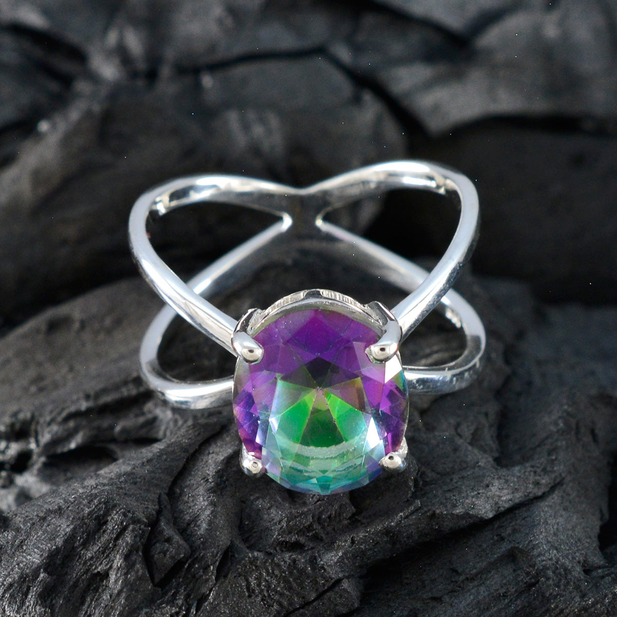 Mystic Quartz Solitaire African Silver multicolor Gemstones Tiny Boho Ring Jewelry