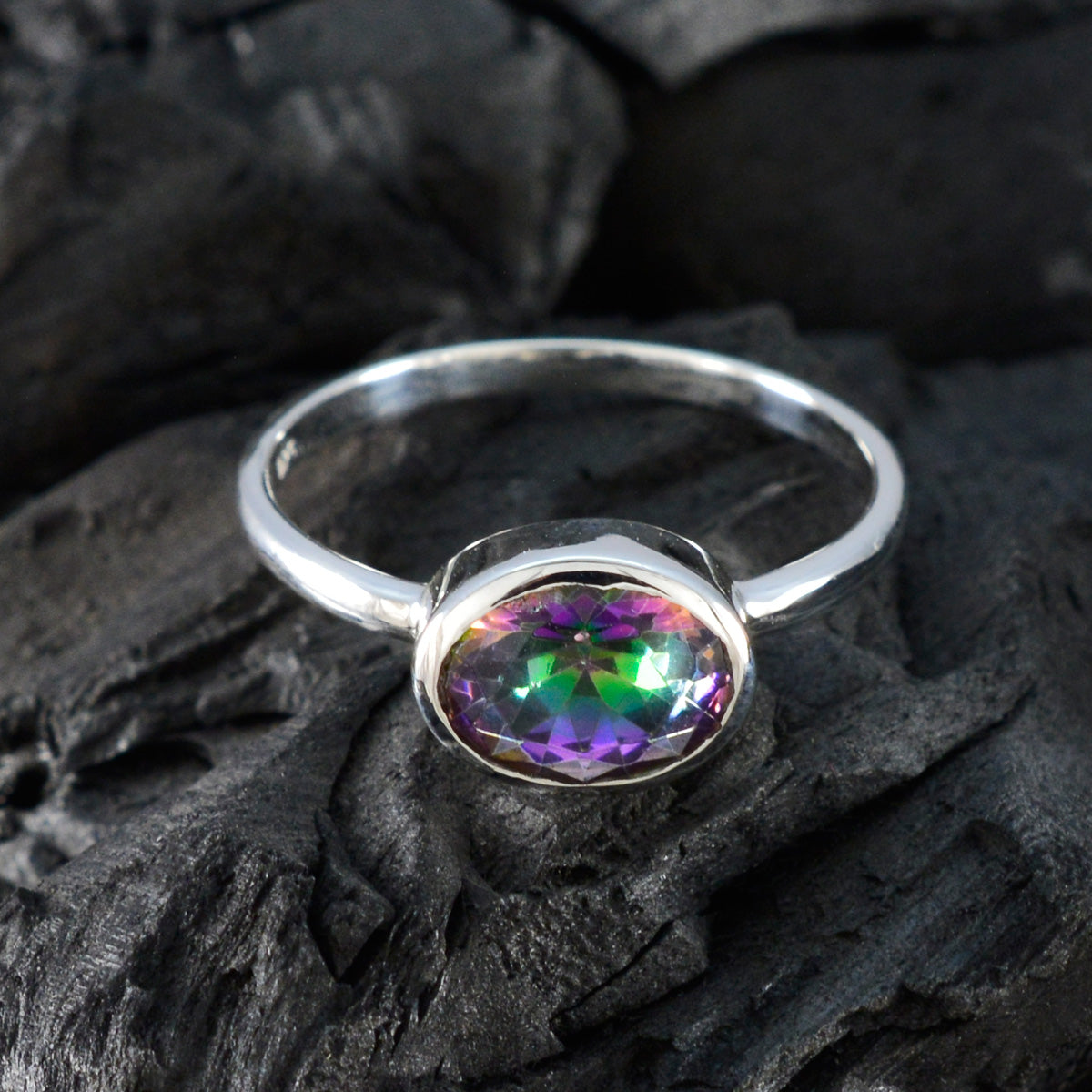Mystic Quartz Solitaire Korean Silver multicolor Gems Dainty Modern Ring Jewellery