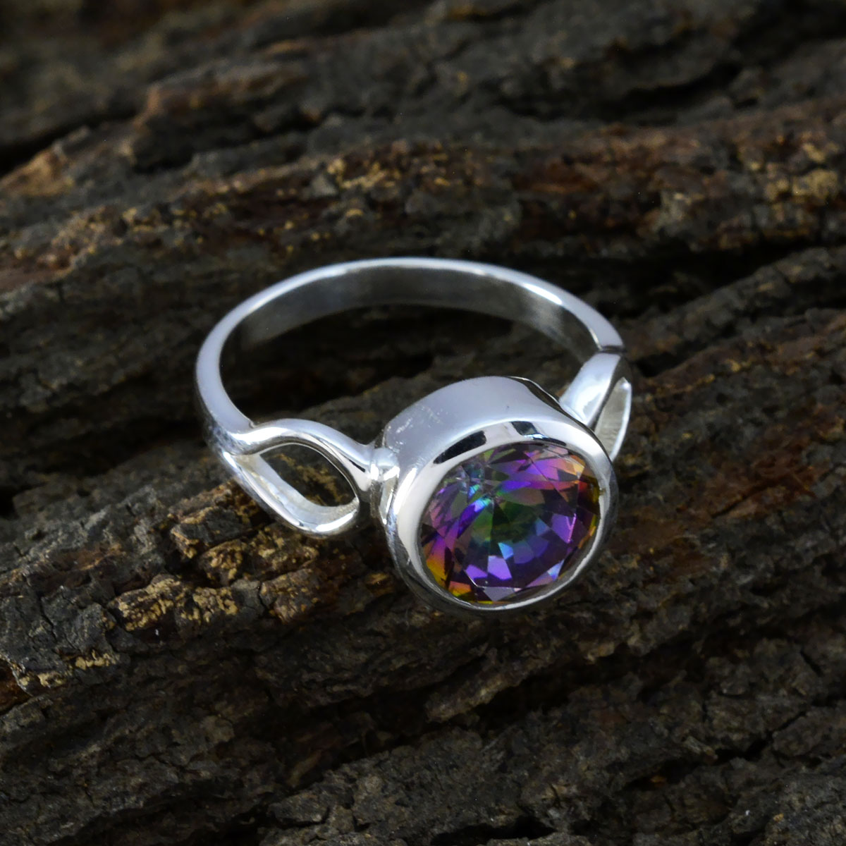 Mystic Quartz Solitaire French 92.5 Silver multicolor Gemstones Tiny Glamorous Ring Jewelry
