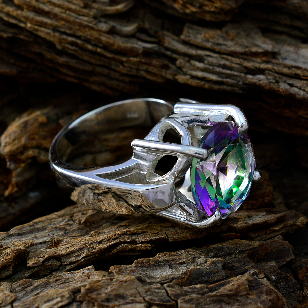 Mystic Quartz Solitaire German Silver multicolor Gemstone Chunky Modern Ring Jewelry