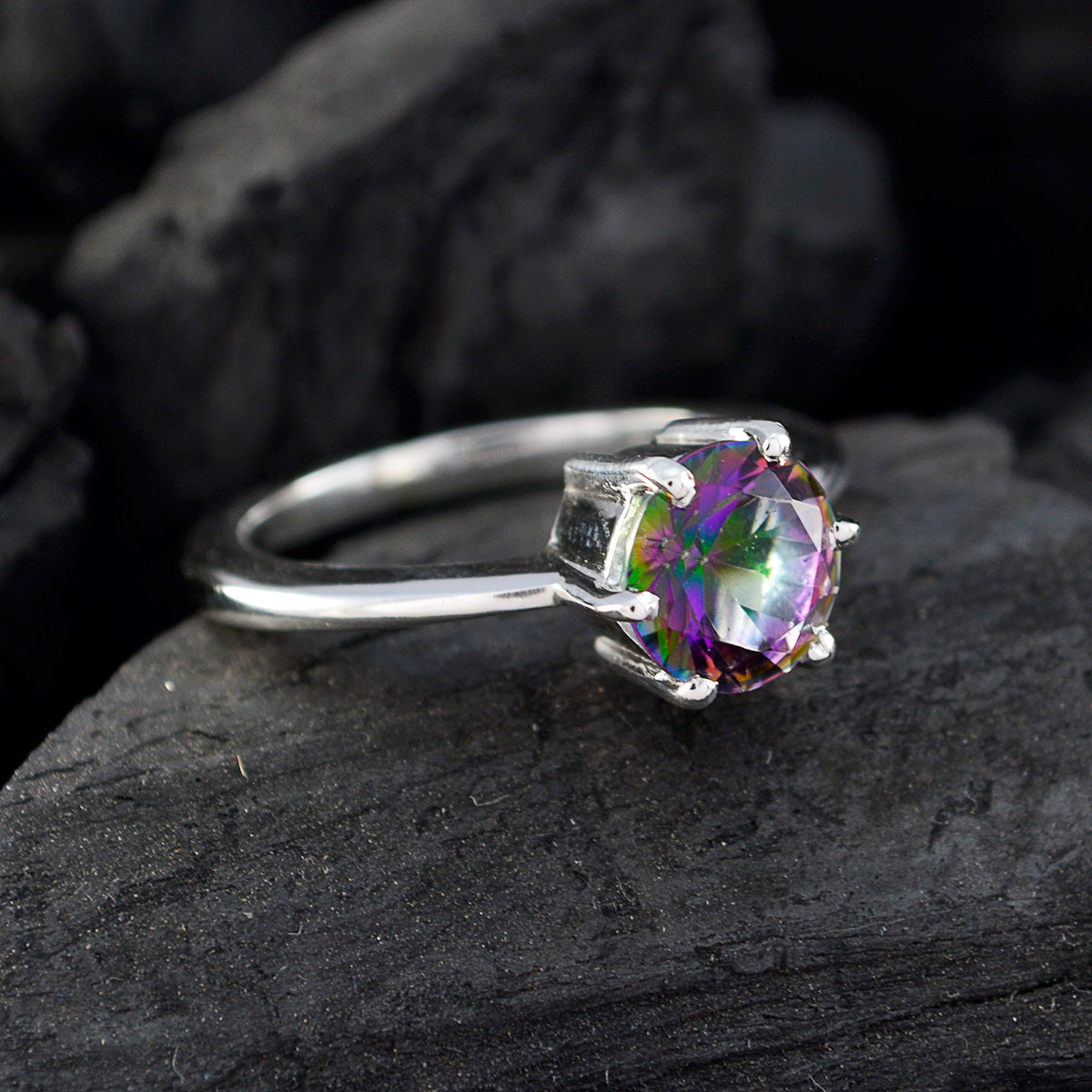 Mystic Quartz Solitaire Egyptian Silver multicolor Gems Slim Romantic Ring Jewelry