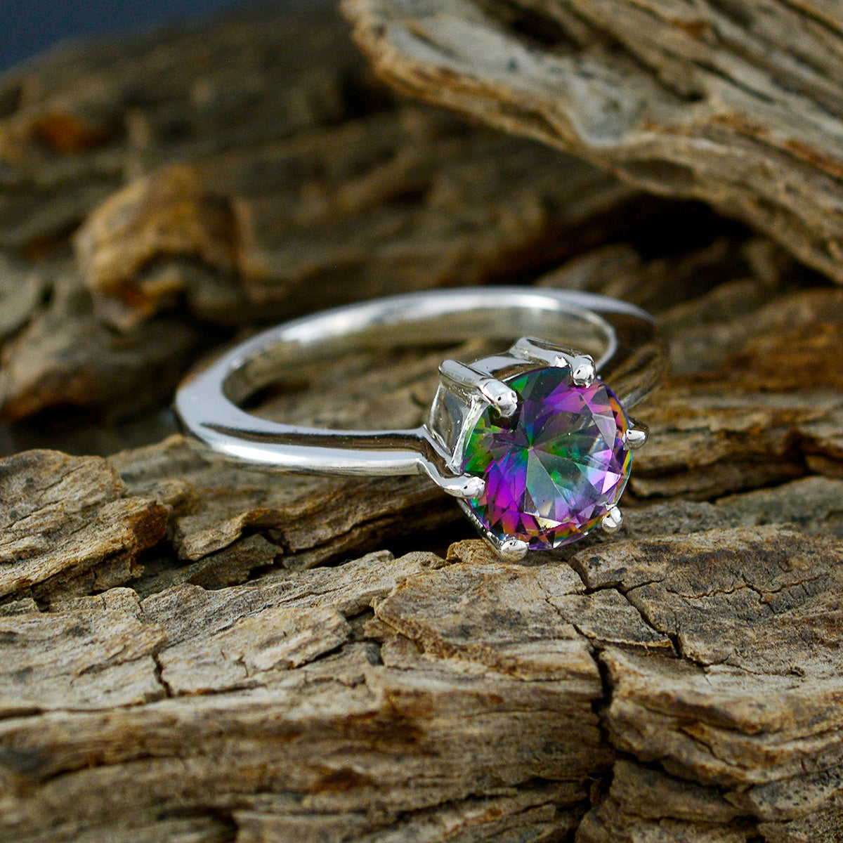 Mystic Quartz Solitaire Egyptian Silver multicolor Gems Slim Romantic Ring Jewelry