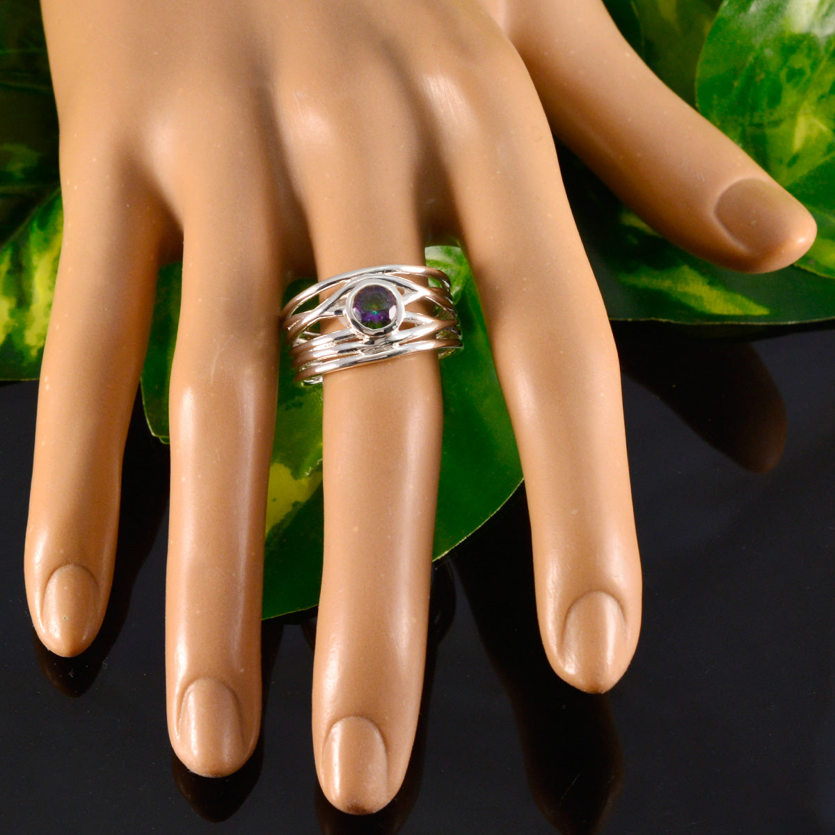 Mystic Quartz Solitaire Mexican Silver multicolor Gemstones Eye catching Rope Wire Band Jewellery