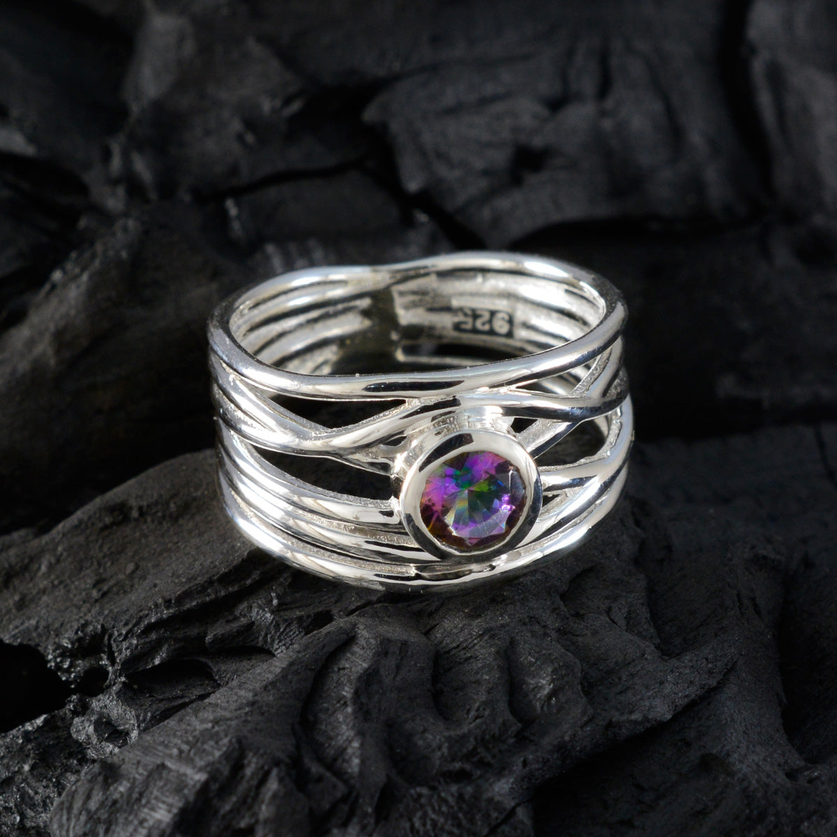 Mystic Quartz Solitaire Mexican Silver multicolor Gemstones Eye catching Rope Wire Band Jewellery