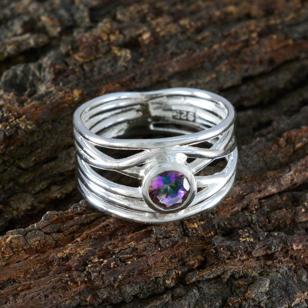 Mystic Quartz Solitaire Mexican Silver multicolor Gemstones Eye catching Rope Wire Band Jewellery