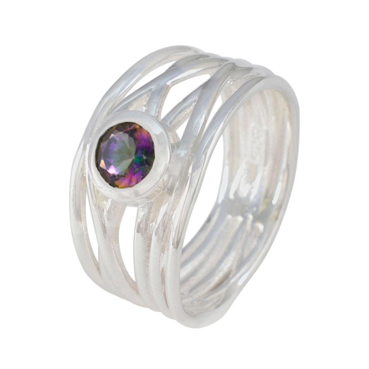 Gioielli con fascia in filo di corda accattivante in argento messicano con pietre preziose multicolori e solitario in quarzo mistico Immagine secondaria del prodotto