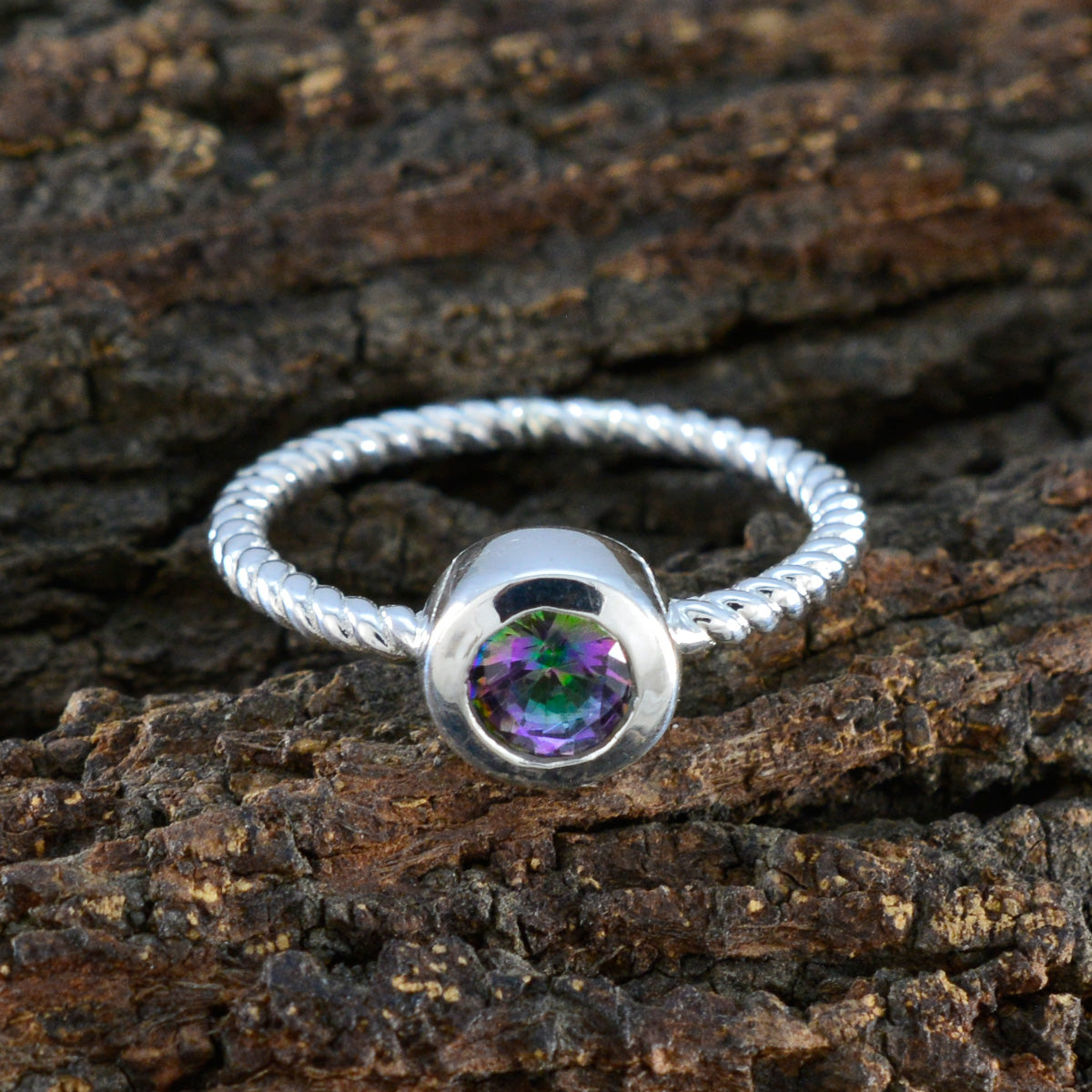 Mystic Quartz Solitaire Japanese Sterling Silver multicolor Gemstones Delicate Luxurious Ring Jewelry