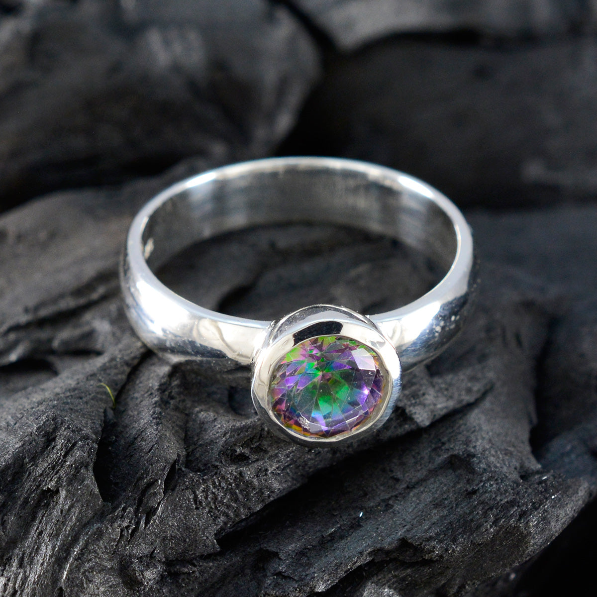 Mystic Quartz Solitaire French 925 Sterling Silver multicolor Gemstones Tiny Graceful Ring Jewellery