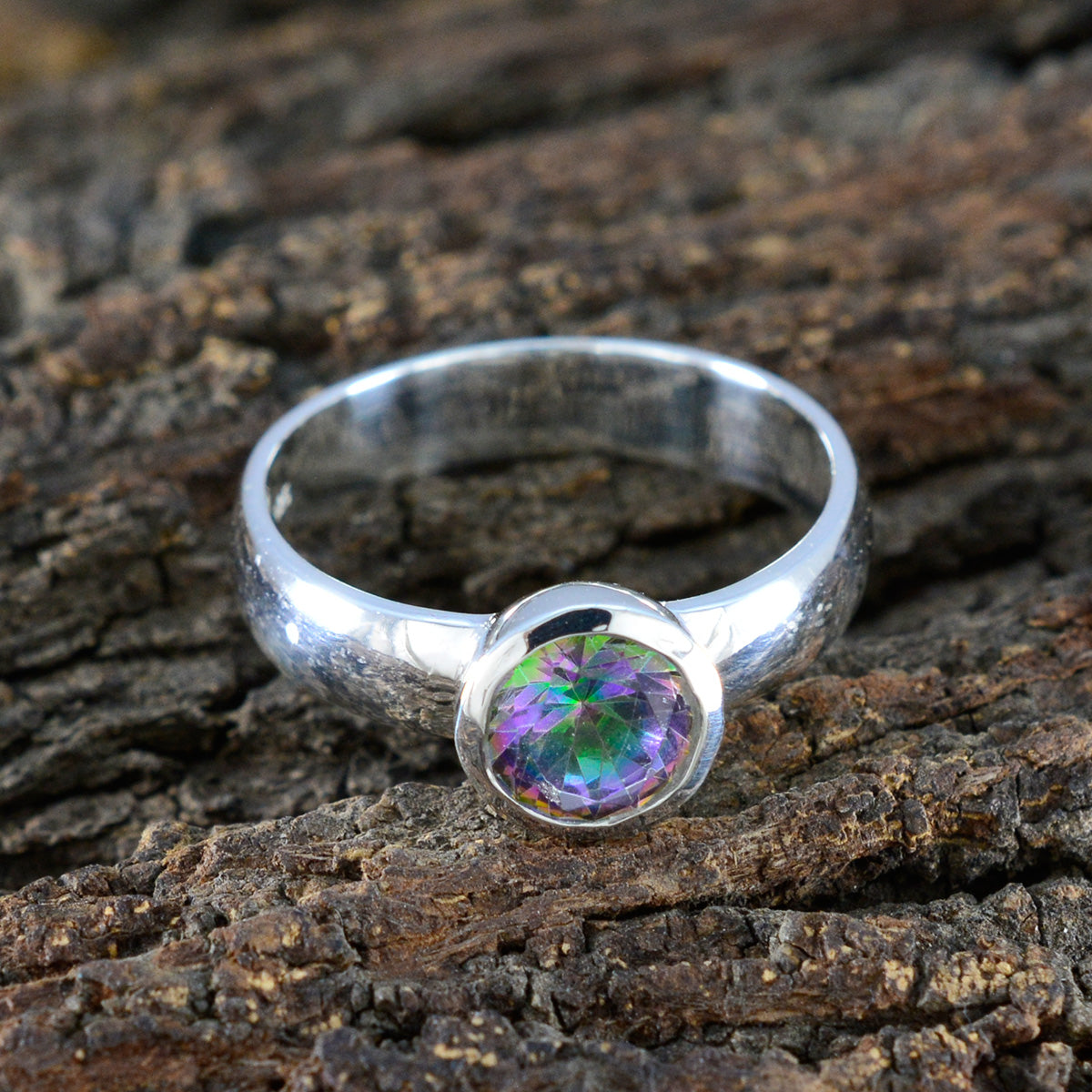 Mystic Quartz Solitaire French 925 Sterling Silver multicolor Gemstones Tiny Graceful Ring Jewellery