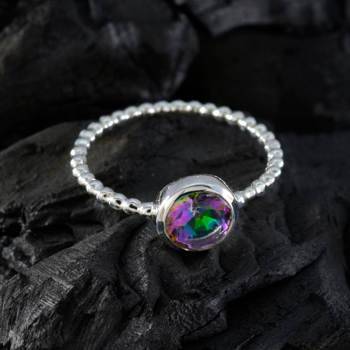 Mystic Quartz Solitaire American Sterling Silver multicolor Gemstones Delicate Twist Ring Jewellery