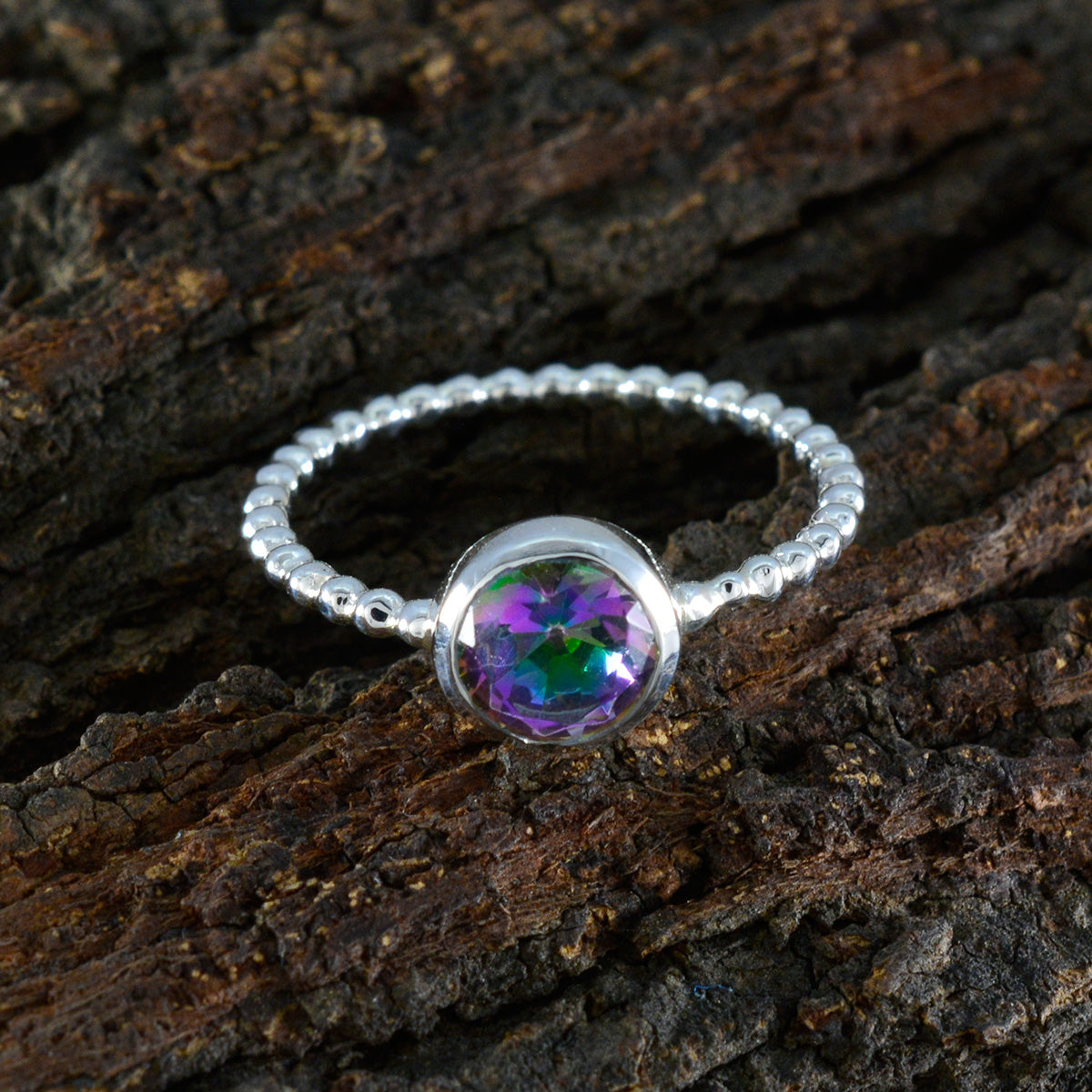 Mystic Quartz Solitaire American Sterling Silver multicolor Gemstones Delicate Twist Ring Jewellery