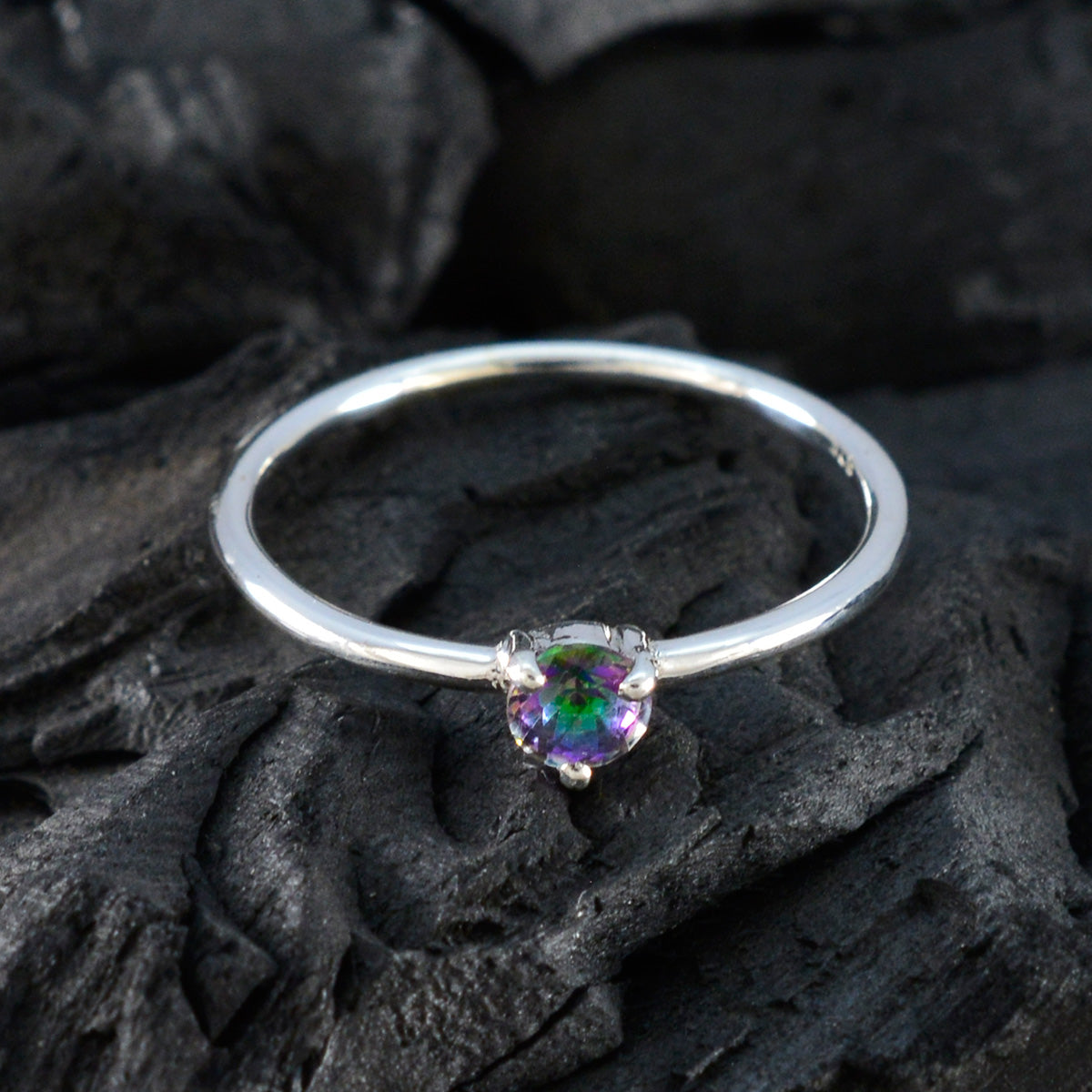 Mystic Quartz Solitaire Korean 925 Sterling Silver multicolor Gems Minimalist Sophisticated Ring Jewelry
