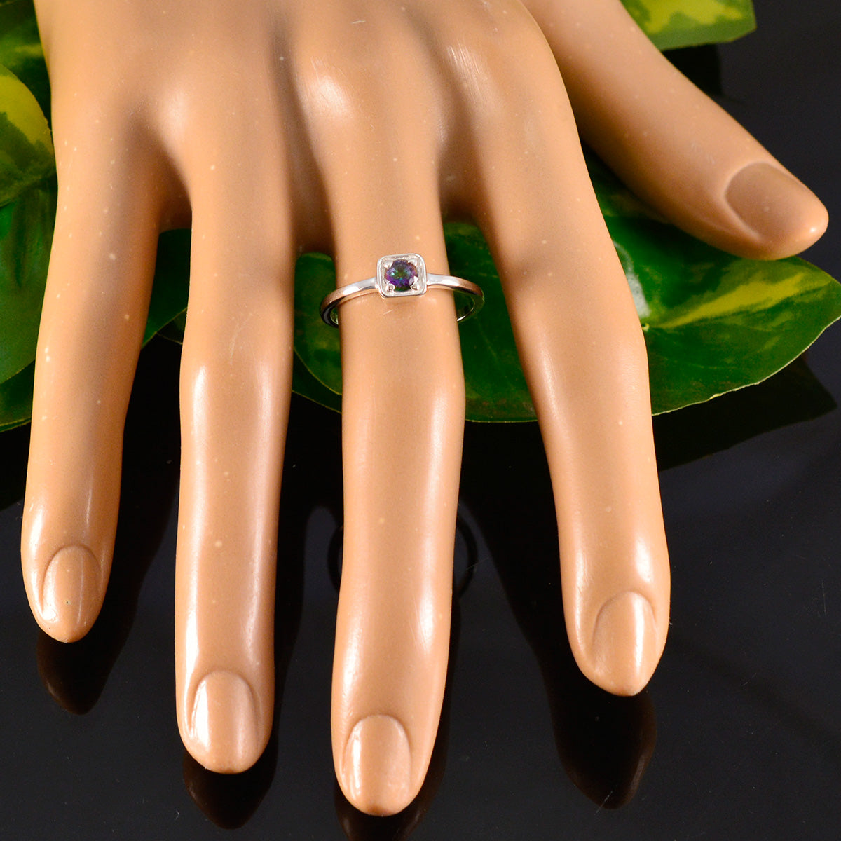 Mystic Quartz Solitaire Korean 92.5 Silver multicolor Gemstones Delicate Contemporary Ring Jewelry