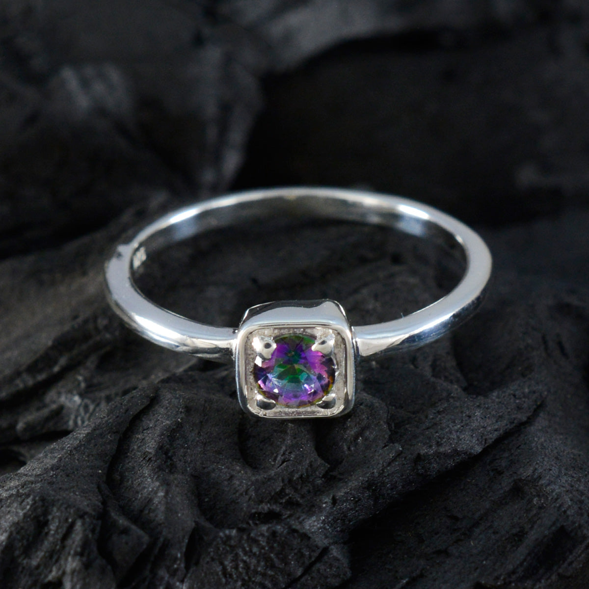 Mystic Quartz Solitaire Korean 92.5 Silver multicolor Gemstones Delicate Contemporary Ring Jewelry