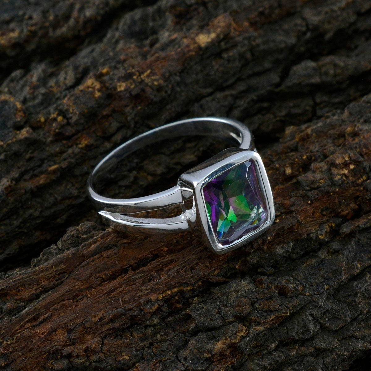 Mystic Quartz Solitaire African 92.5 Silver multicolor Gemstones Slim Modern Ring Jewellery