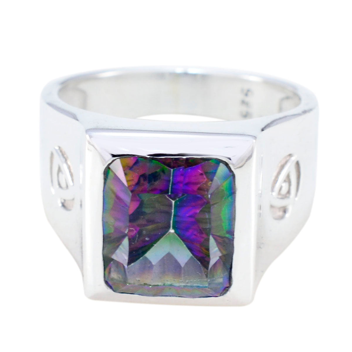 Mystic Quartz Solitaire Spanish Sterling Silver multicolor Gemstone Edgy Signet Ring Jewellery