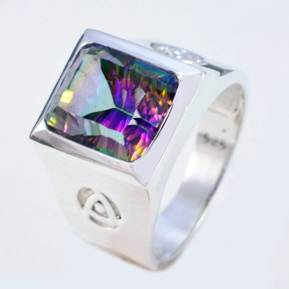 Mystic Quartz Solitaire Spanish Sterling Silver multicolor Gemstone Edgy Signet Ring Jewellery