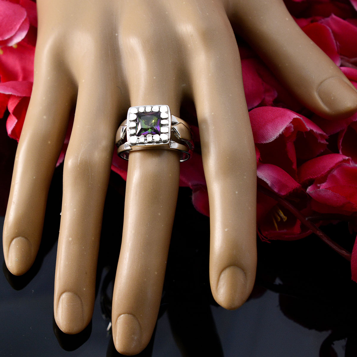 Mystischer Quarz-Solitär, deutscher Sterlingsilber-Ring, mehrfarbiger Edelstein, vielseitiger zeitgenössischer Schmuck