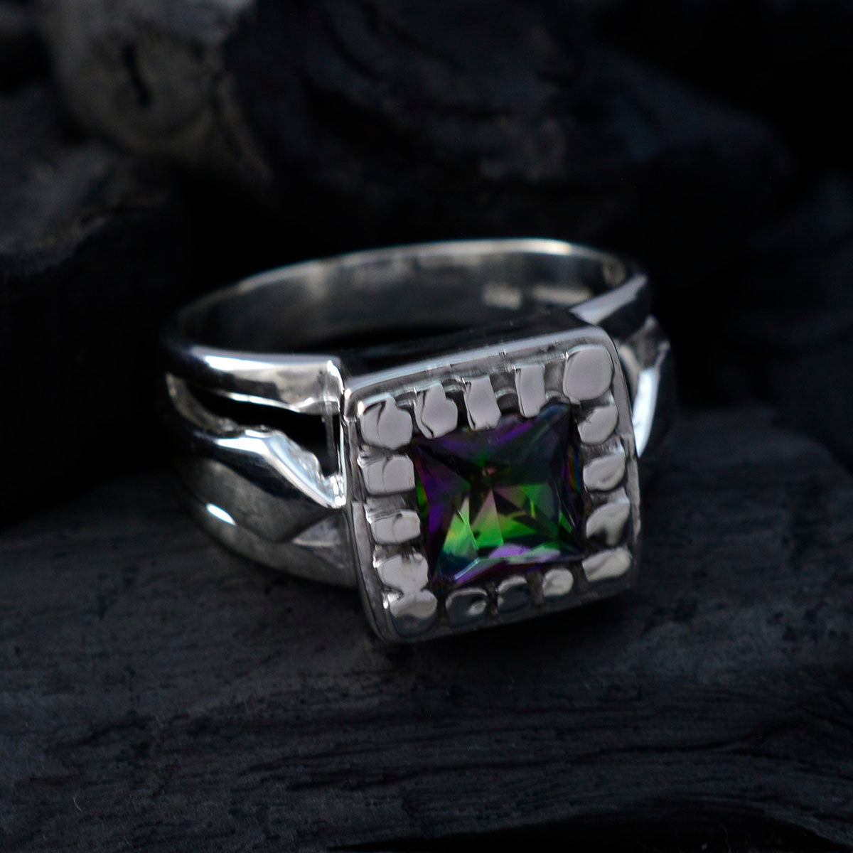 Mystic Quartz Solitaire German Sterling Silver multicolor Gemstone Versatile Contemporary Ring Jewellery