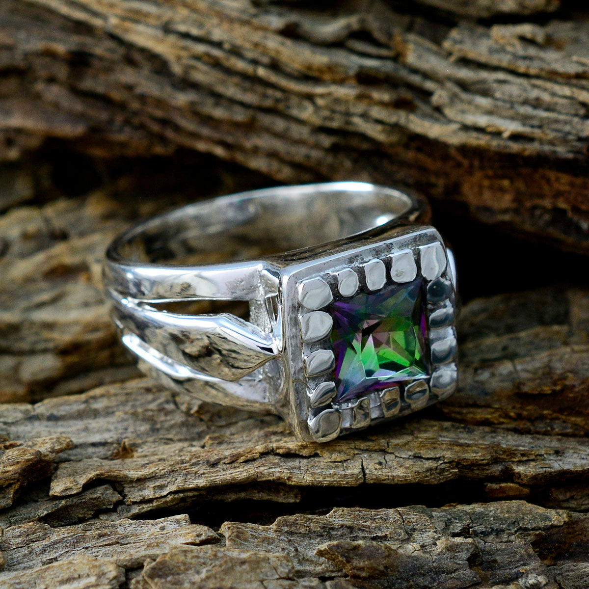 Mystischer Quarz-Solitär, deutscher Sterlingsilber-Ring, mehrfarbiger Edelstein, vielseitiger zeitgenössischer Schmuck