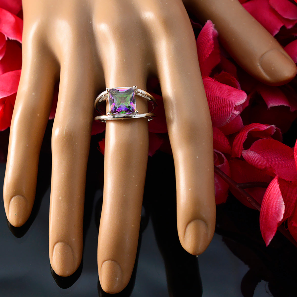 Mystic Quartz Solitaire German 925 Silver multicolor Gemstone Tiny Abstract Ring Jewelry