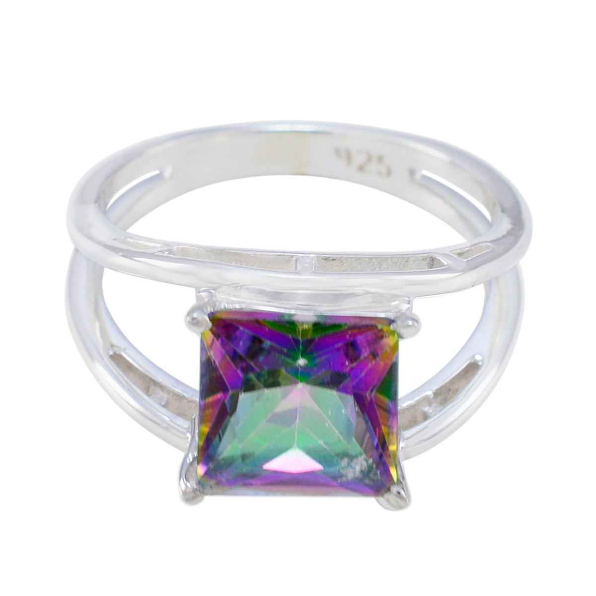 Mystic Quartz Solitaire German 925 Silver multicolor Gemstone Tiny Abstract Ring Jewelry