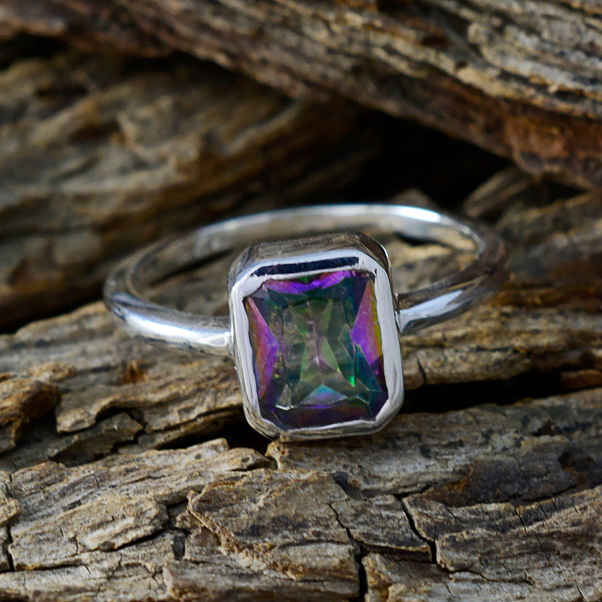 Mystic Quartz Solitaire American 92.5 Silver multicolor Gemstone Whisper thin Trendy Ring Jewelry