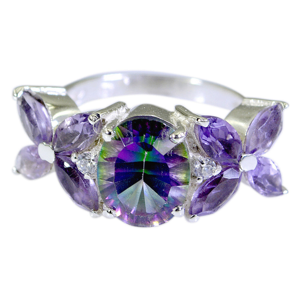 Mystic Quartz Navratna Moroccan 925 Silver multicolor Gems Mid weight Floral Ring Jewelry