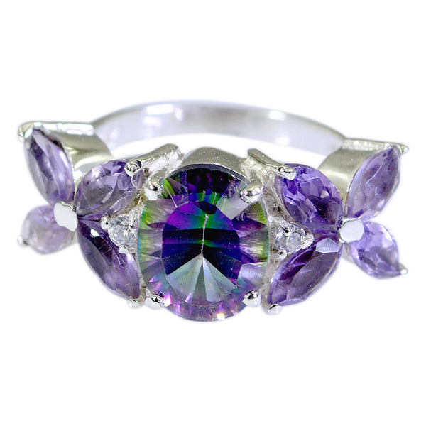 Mystic Quartz Navratna Moroccan 925 Silver multicolor Gems Mid weight Floral Ring Jewelry