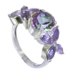 Mystic Quartz Navratna Moroccan 925 Silver multicolor Gems Mid weight Floral Ring Jewelry