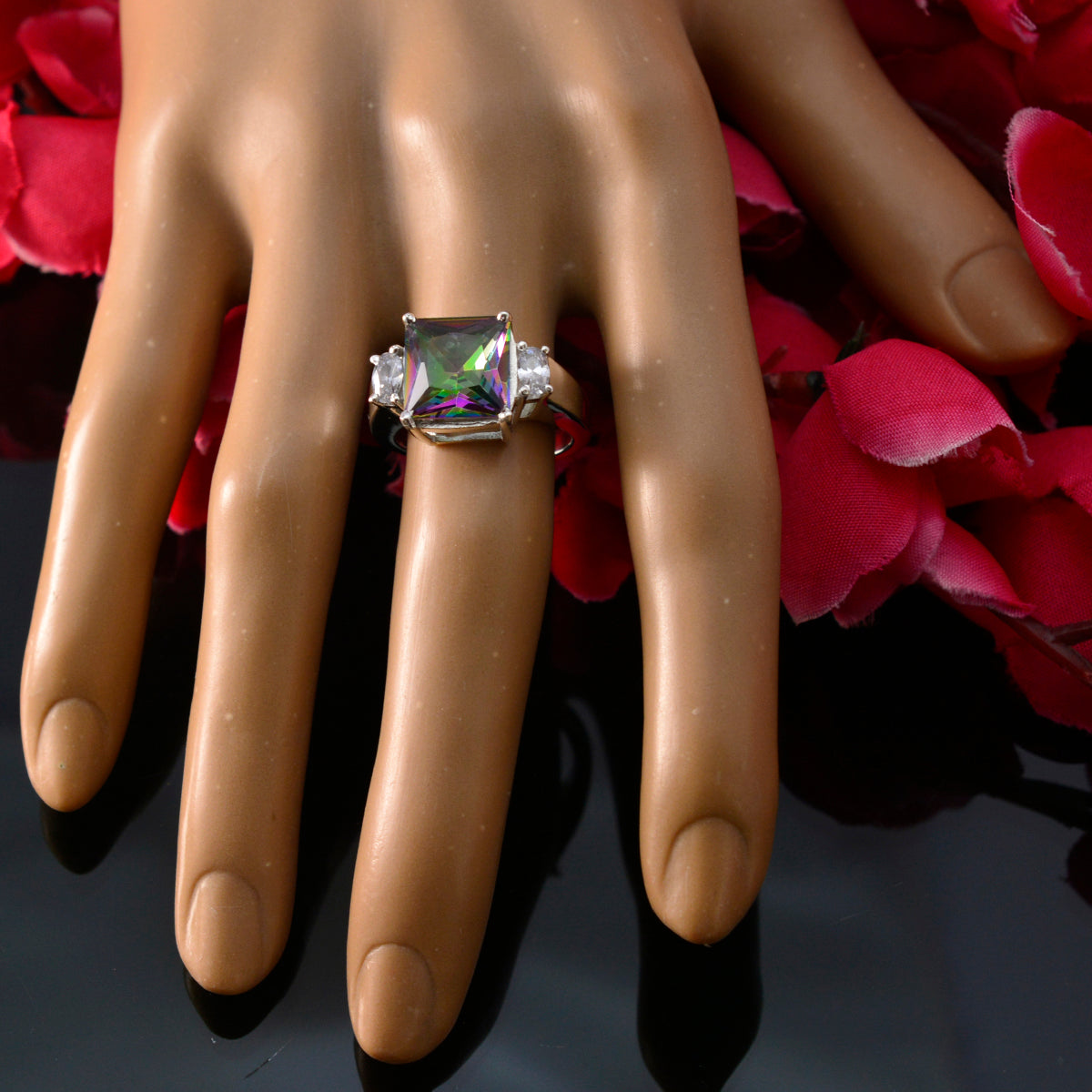 Mystic Quartz Trilogy Französischer 925 Silber mehrfarbige Edelsteine Mittelgewicht Anmutiger Ring Schmuck