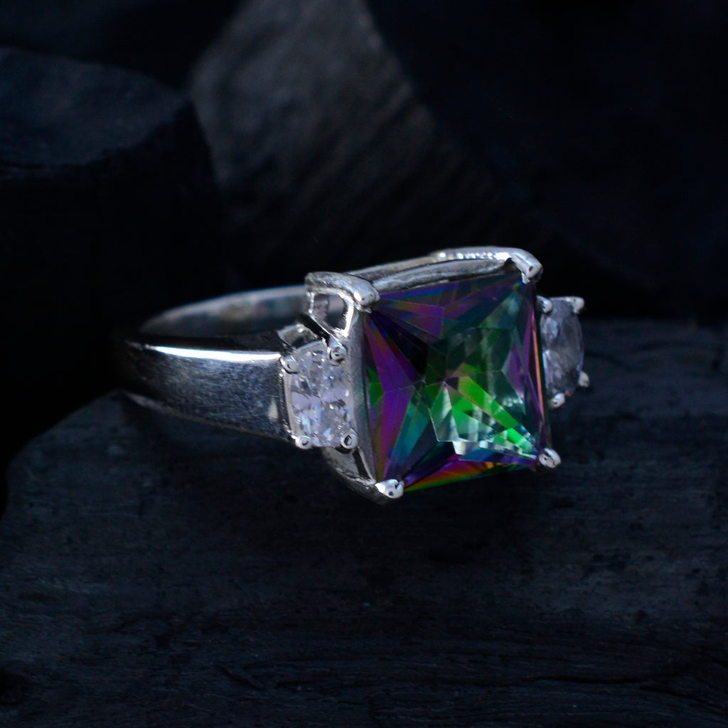 Mystic Quartz Trilogy French 925 Silver multicolor Gemstones Mid weight Graceful Ring Jewelry